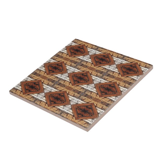 Weathered Wood Planks Diamond Pattern Mixed Media Ceramic Tile (Side)