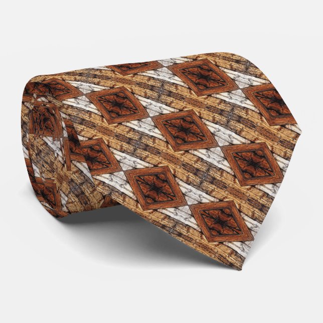Weathered Wood Planks Diamond Pattern Mixed Media Neck Tie (Rolled)