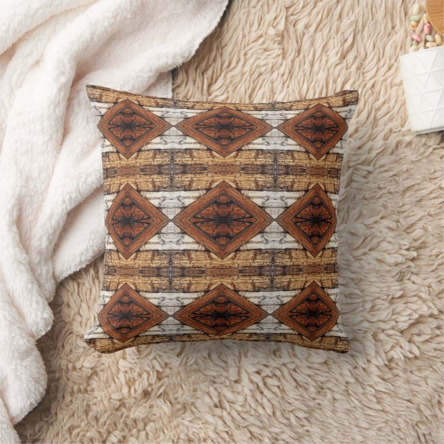 Weathered Wood Planks Diamond Pattern Mixed Media Throw Pillow (Blanket)