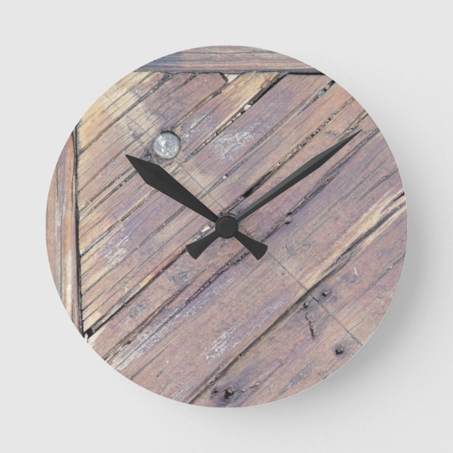 Weathered Wood Rough Textured Deck Round Clock (Front)
