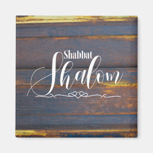Weathered Wood Shabbat Shalom, Dark Blue Gold Magnet