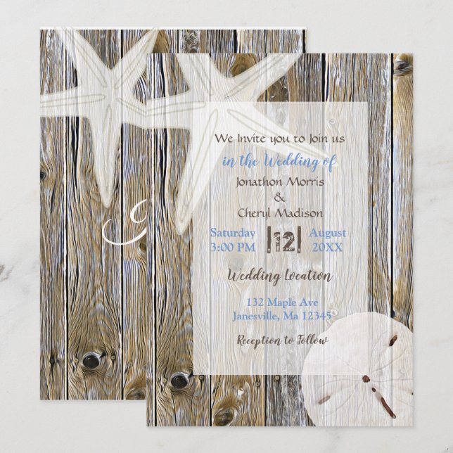 Weathered Wood Starfish and Sand Dollar Beach Invitation (Front/Back)