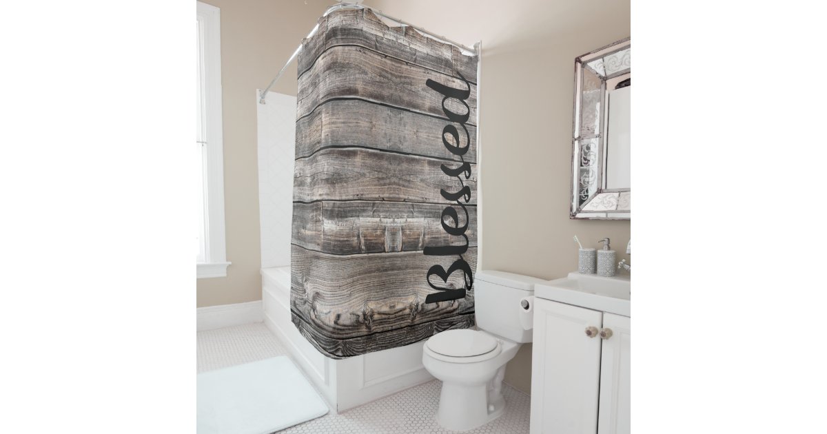 weathered WOODEN PLANKS script blessed Shower Curtain | Zazzle