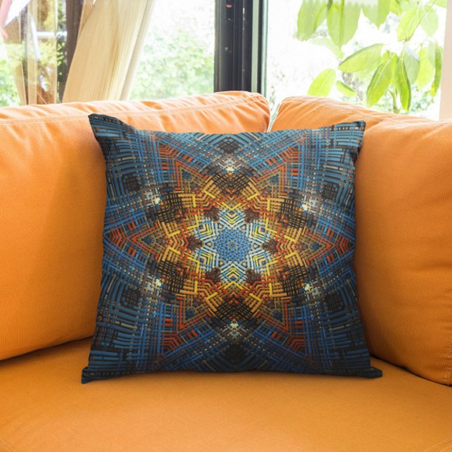 Weave Mandala Blue Yellow and Red Throw Pillow (Creator Uploaded)