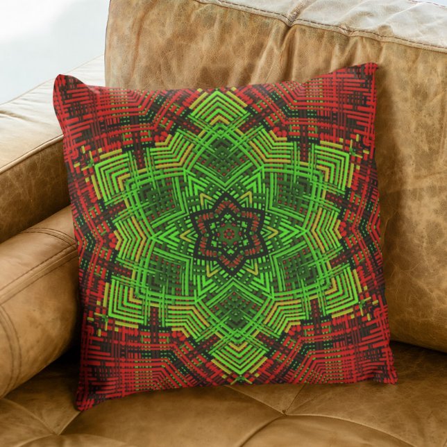 Weave Mandala Flower Red and Green Throw Pillow (Creator Uploaded)