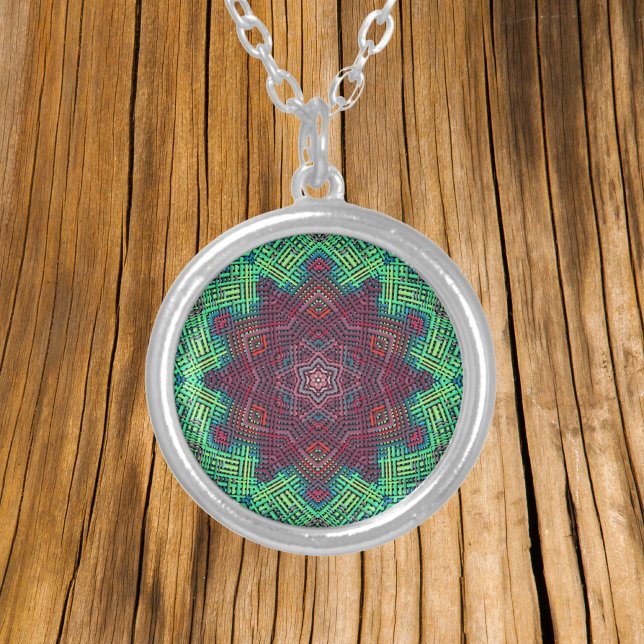 Weave Mandala Green Blue and Red Silver Plated Necklace (Creator Uploaded)