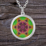 Weave Mandala Green Orange and Pink Silver Plated Necklace<br><div class="desc">This funky mandala features green,  orange,  and pink in a basket weave style. Psychedelic visuals for the modern hippie or anyone who loves groovy colors.</div>
