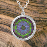Weave Mandala Green Purple and Blue Silver Plated Necklace<br><div class="desc">This funky mandala features green,  purple,  and blue in a basket weave style. Psychedelic visuals for the modern hippie or anyone who loves groovy colors.</div>