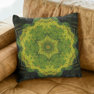 Weave Mandala Green Yellow and Black Throw Pillow