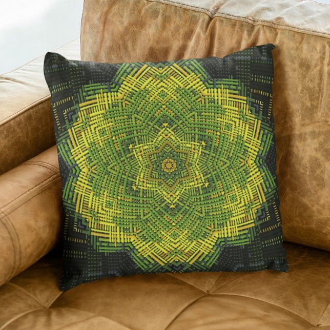 Weave Mandala Green Yellow and Black Throw Pillow (Creator Uploaded)