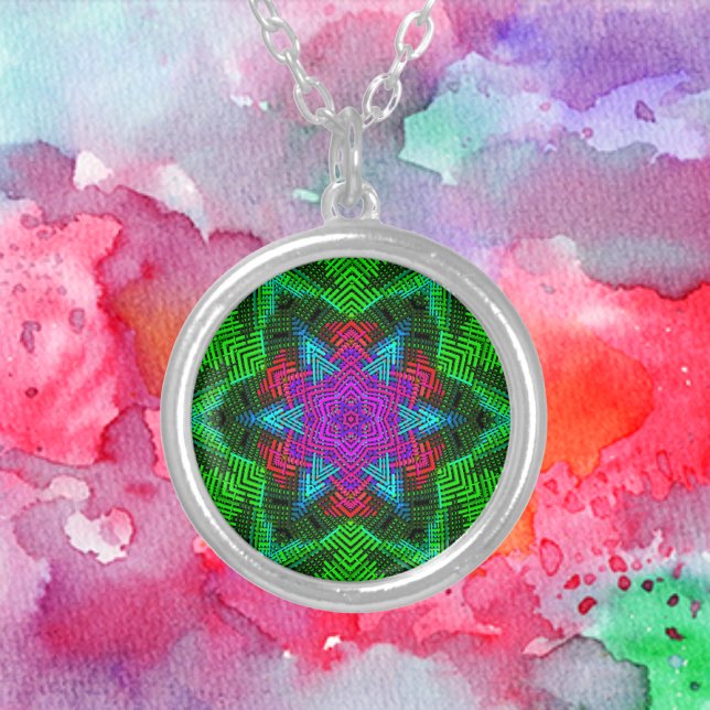 Weave Mandala Pink Blue and Green Silver Plated Necklace (Creator Uploaded)