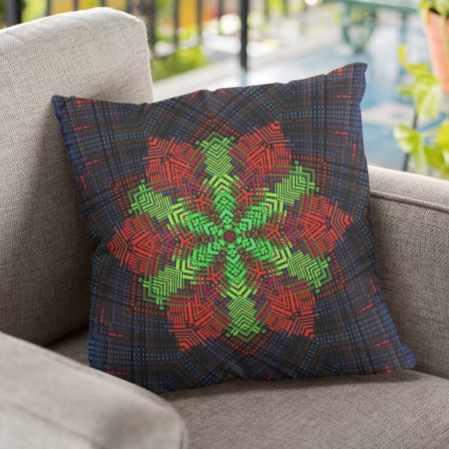 Weave Mandala Red Green and Blue Throw Pillow (Creator Uploaded)