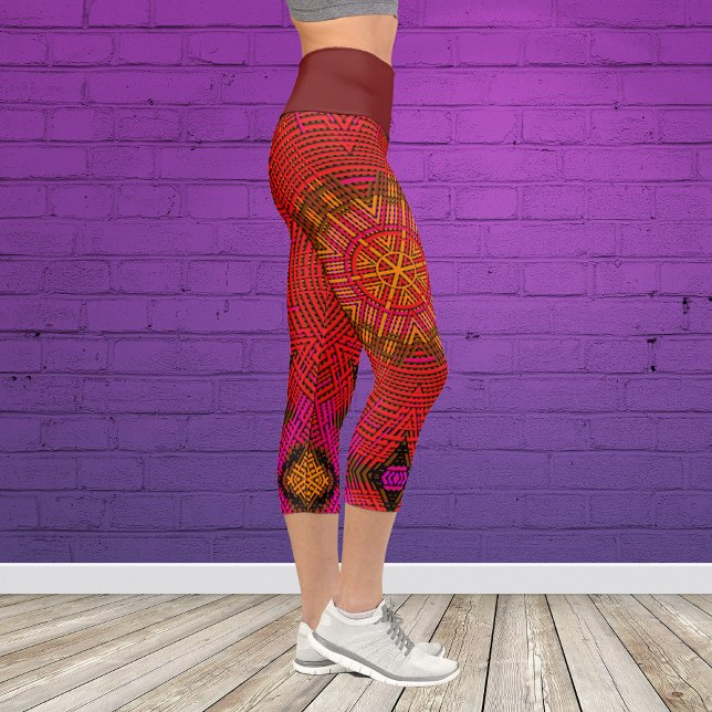 Weave Mandala Red Pink and Yellow Capri Leggings (Creator Uploaded)