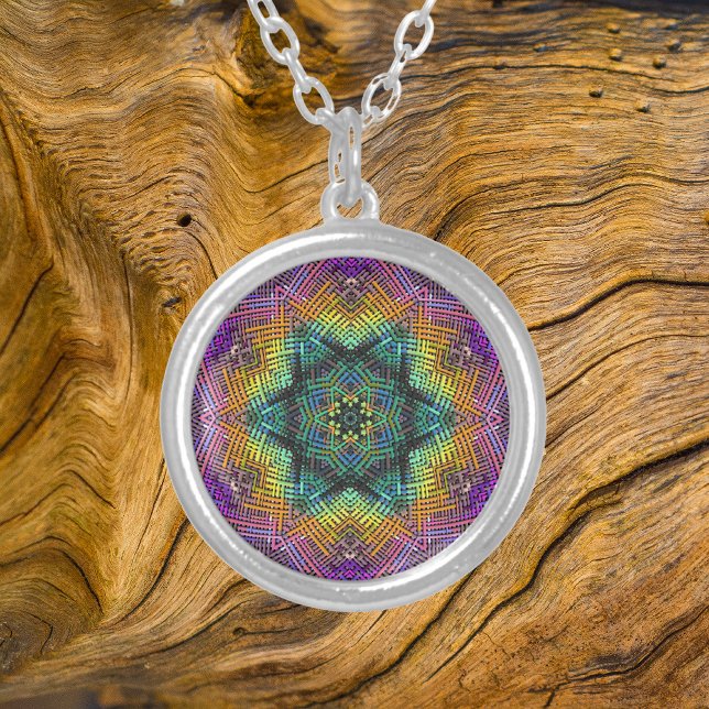 Weave Mandala Teal Yellow and Pink Silver Plated Necklace (Creator Uploaded)