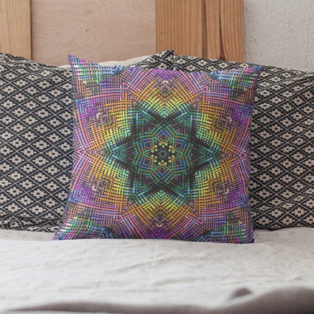 Weave Mandala Teal Yellow and Pink Throw Pillow (Creator Uploaded)