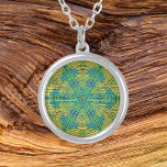 Weave Mandala Yellow Green and Blue Silver Plated Necklace<br><div class="desc">This funky mandala features yellow,  green,  and blue in a patchwork,  woven thread style. Psychedelic visuals for the modern hippie or anyone who loves groovy colors.</div>