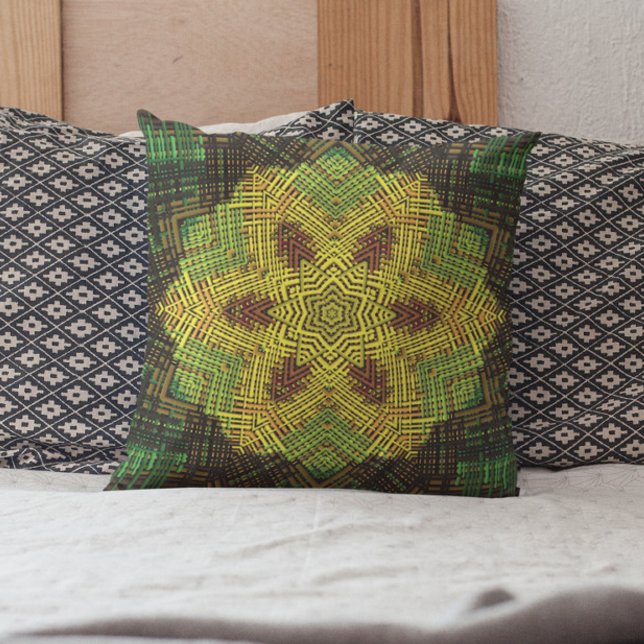 Weave Mandala Yellow Green and Orange Throw Pillow (Creator Uploaded)