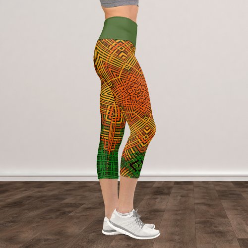 Weave Mandala Yellow Orange and Green Capri Leggings