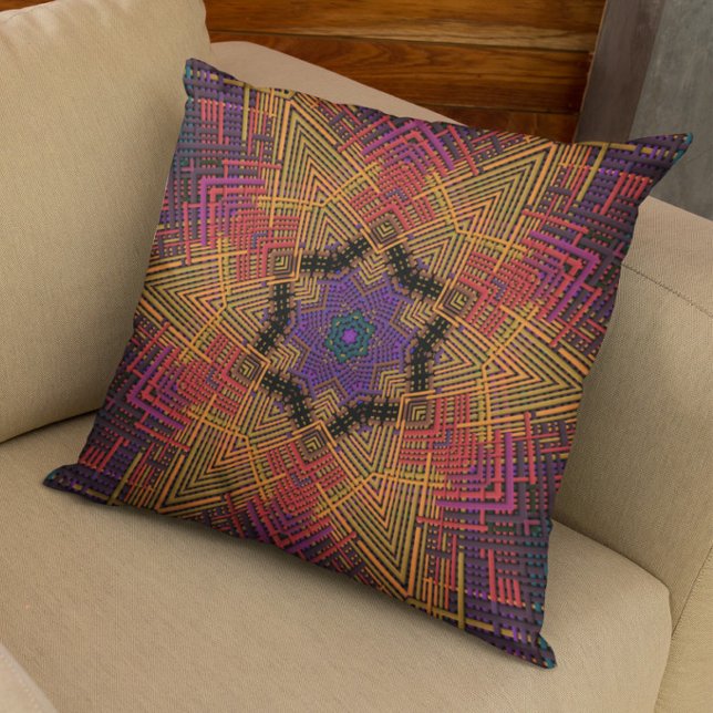 Weave Mandala Yellow Orange and Purple Throw Pillow (Creator Uploaded)