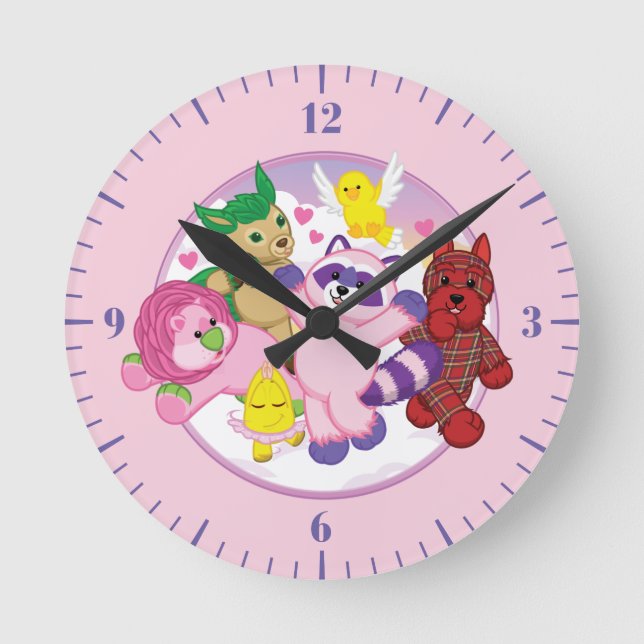 Webkinz Pets on a Valentine's Cloud Background Round Clock (Front)