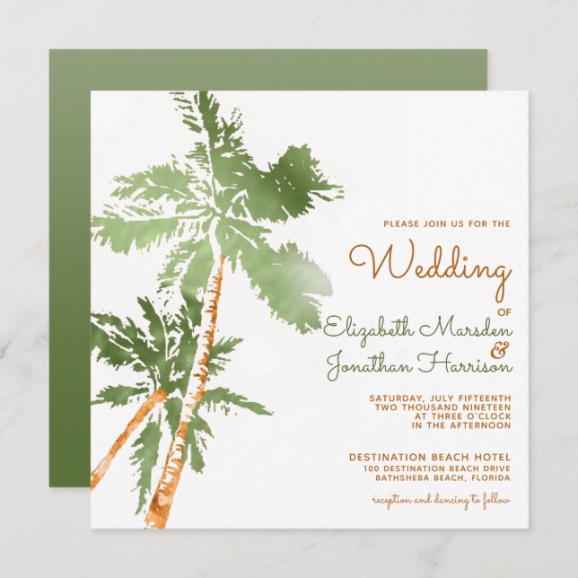 Website Tropical Copper Palm Trees Beach Wedding Invitation (Front/Back)