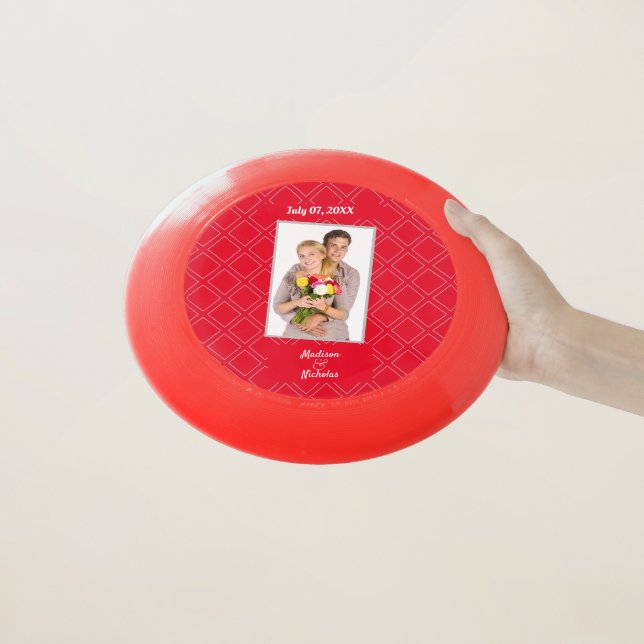 Wed Couple Photo Names Date Diamond Pattern Red Wham-O Frisbee (In Hand)