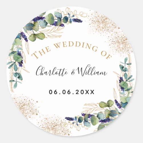 Weddding eucalyptus greenery glitter monogram classic round sticker