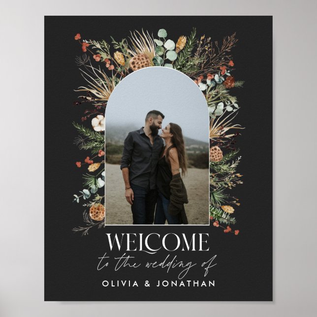 Wedding 1 photo arch watercolor botanical black poster (Front)