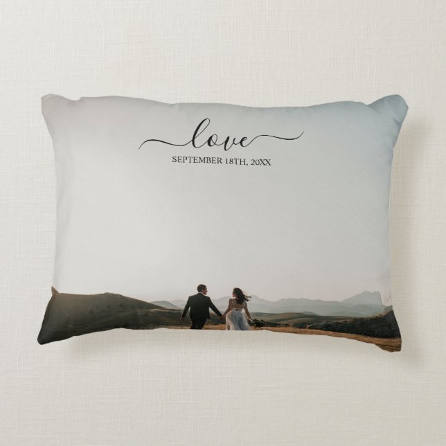 Wedding 2 Photo Memory Love Script Accent Pillow (Back)