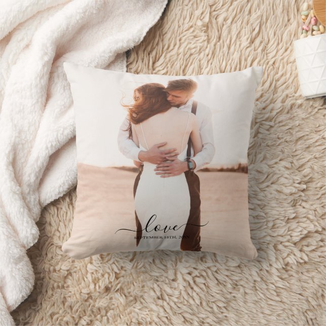 Wedding 2 Photo Memory Love Script Throw Pillow (Blanket)