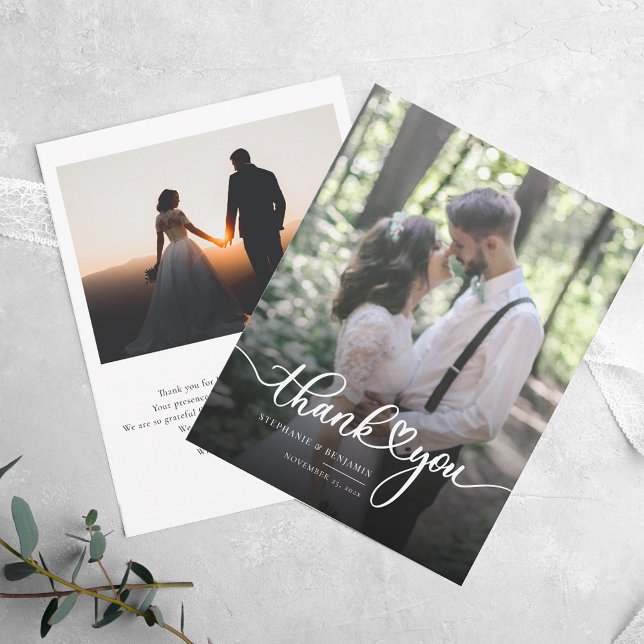 Wedding 2 Photos Hand-Lettered Thank You Note Card (Wedding Photos Elegant Script Wedding Thank You Note Card)