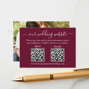 Wedding 2 QR RSVP Details Photo Burgundy Enclosure Card