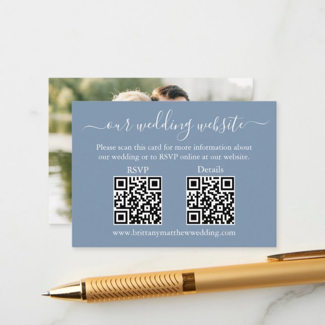 Wedding 2 QR RSVP Details Photo Dusty Blue Enclosure Card (Front/Back In Situ)