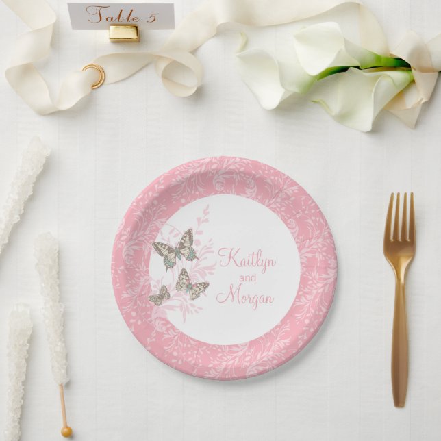 Wedding 3 ink butterflies pink white paper plate (Wedding)