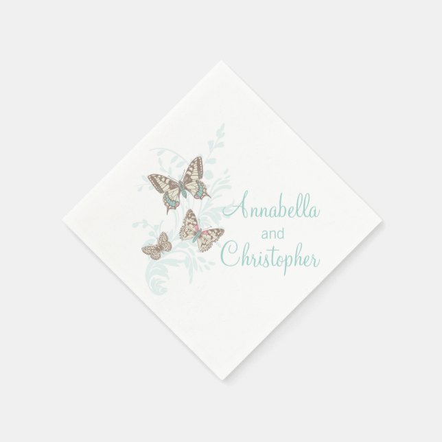Wedding 3 ink butterflies teal white paper napkin (Corner)