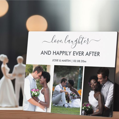 Wedding 3 Photo Collage with Love Laughter Quote Plaque