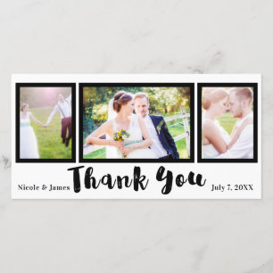 Wedding 3 Photo Picture Black Modern Thank You Card
