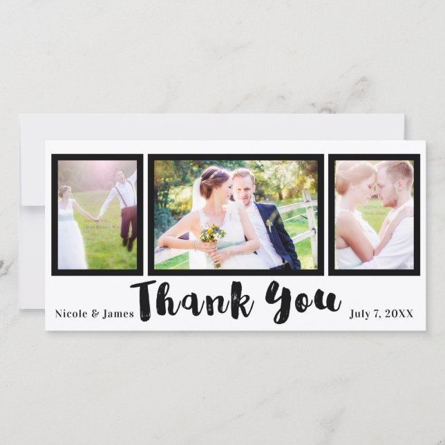 Wedding 3 Photo Picture Black Modern Thank You Card (Front)