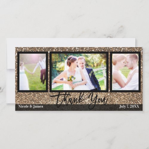 Wedding 3 Photo Picture Bronze Glitter Thank You