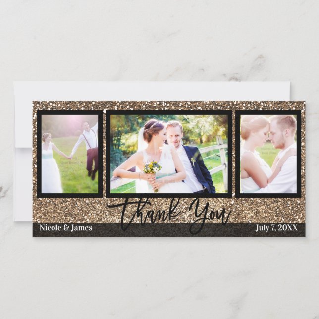 Wedding 3 Photo Picture Bronze Glitter Thank You Card (Front)