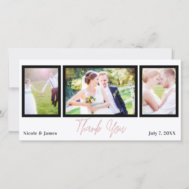 Wedding 3 Photo Picture Pink Rose Gold Thank You Card (Front)