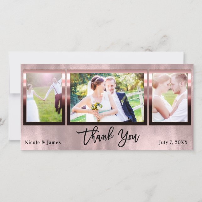 Wedding 3 Photo Picture Rose Gold Shine Thank You (Front)