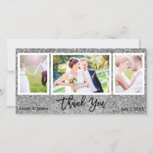Wedding 3 Photo Picture Silver Glitter Thank You Card