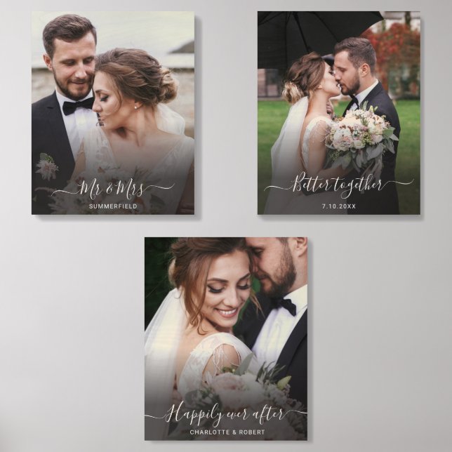 Wedding 3 Photos Modern Elegant Personalized Wood Photo Tile (Front Set)
