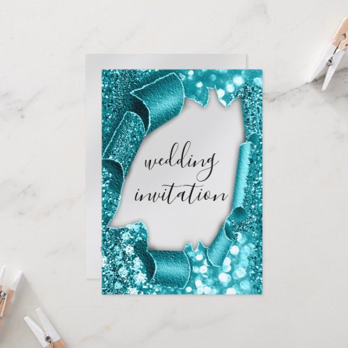 Wedding 3D Cart Effect Elegant Silver Teal Glitter Invitation