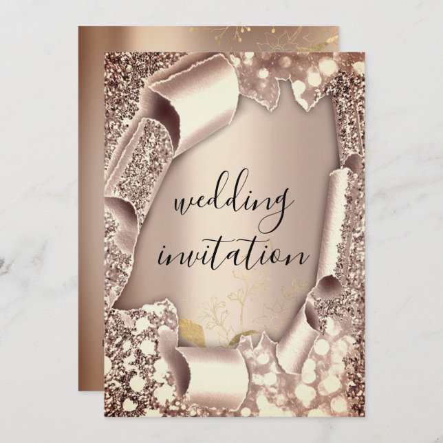 Wedding 3D Cart Effect Frame Florals Rose Gold Invitation (Front/Back)