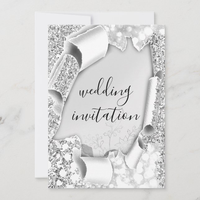 Wedding 3D Cart Effect Frame Florals Silver Gray Invitation (Front)