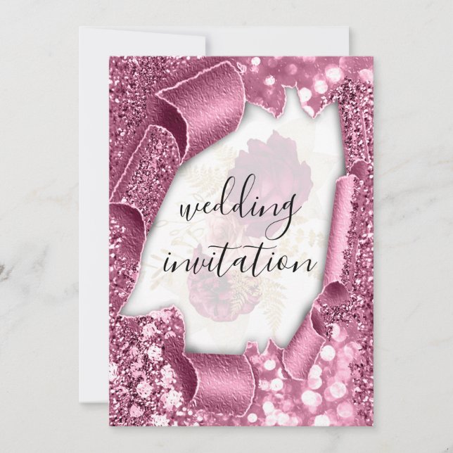 Wedding 3D Cart Effect  Silver Roses Glitter  Invitation (Front)