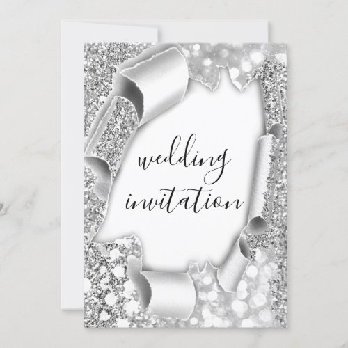 Wedding 3D Effect Elegant White Silver Glitter Invitation