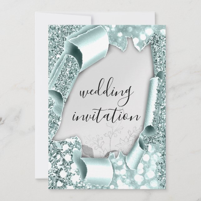 Wedding 3D Effect Frame Florals Silver Aqua Mint Invitation (Front)
